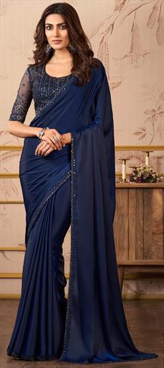 Reception, Wedding Blue color Saree in Satin Silk fabric with South Embroidered, Resham, Sequence, Thread work : 1917272