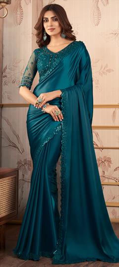 Reception, Wedding Blue color Saree in Satin Silk fabric with South Embroidered, Resham, Sequence, Thread work : 1917275