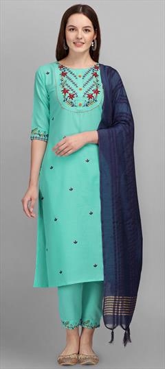 Festive, Party Wear Blue color Salwar Kameez in Cotton fabric with Straight Embroidered, Resham, Thread work : 1917282