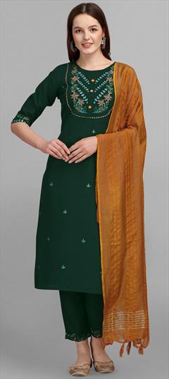 Festive, Party Wear Green color Salwar Kameez in Cotton fabric with Straight Embroidered, Resham, Thread work : 1917284