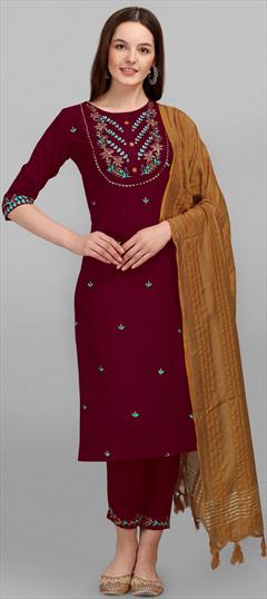 Festive, Party Wear Red and Maroon color Salwar Kameez in Cotton fabric with Straight Embroidered, Resham, Thread work : 1917285