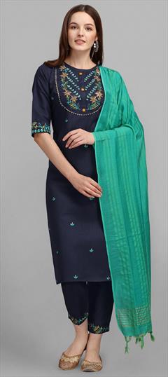 Festive, Party Wear Blue color Salwar Kameez in Cotton fabric with Straight Embroidered, Resham, Thread work : 1917289