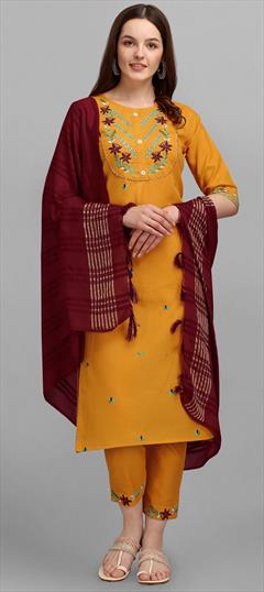 Festive, Party Wear Yellow color Salwar Kameez in Cotton fabric with Straight Embroidered, Resham, Thread work : 1917290