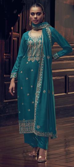Festive, Party Wear, Reception Blue color Salwar Kameez in Silk fabric with Palazzo, Straight Embroidered, Thread, Zari work : 1917336