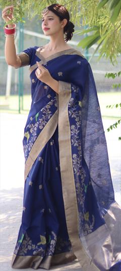 Traditional Blue color Saree in Cotton fabric with South Floral, Thread, Weaving work : 1917723