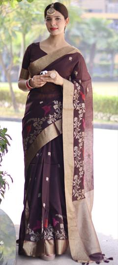 Traditional Beige and Brown color Saree in Cotton fabric with South Floral, Thread, Weaving work : 1917725