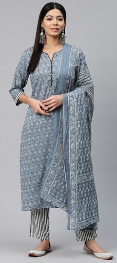 Festive, Summer Black and Grey color Salwar Kameez in Cotton fabric with Straight Floral, Printed work : 1917922