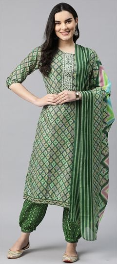 Festive, Party Wear, Summer Green color Salwar Kameez in Cotton fabric with Straight Printed, Thread, Zari work : 1917923