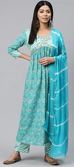 Festive, Summer Blue color Salwar Kameez in Cotton fabric with Anarkali Floral, Printed, Resham, Thread work : 1917924