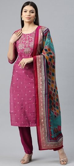 Festive, Summer Pink and Majenta color Salwar Kameez in Silk fabric with Straight Gota Patti, Printed, Thread, Zari work : 1917925