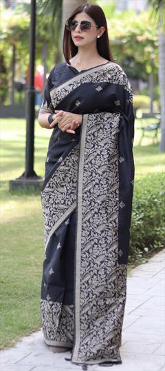 Casual, Party Wear Black and Grey color Saree in Raw Silk fabric with Classic Border, Weaving work : 1917958