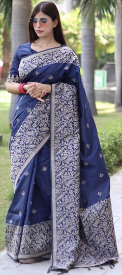 Casual, Party Wear Blue color Saree in Raw Silk fabric with Classic Border, Weaving work : 1917959