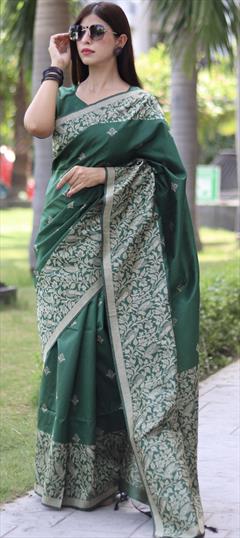 Casual, Party Wear Green color Saree in Raw Silk fabric with Classic Border, Weaving work : 1917962