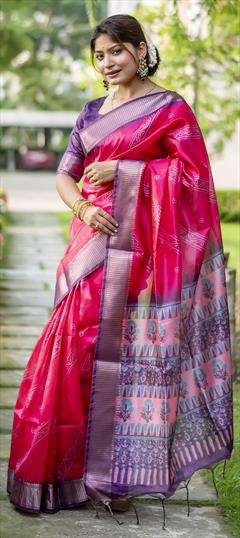Festive, Traditional Pink and Majenta color Saree in Art Silk fabric with South Bandhej, Border, Printed, Zari work : 1917965