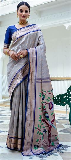 Festive, Traditional Black and Grey color Saree in Kanjeevaram Silk fabric with South Weaving, Zari work : 1917989