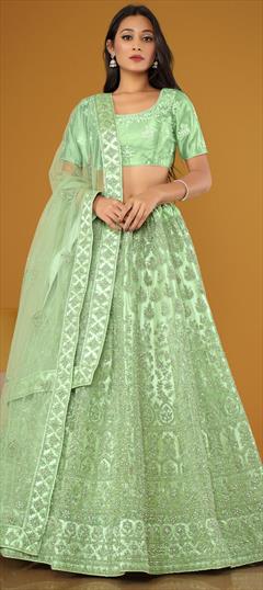 Bridal, Festive, Party Wear, Wedding Green color Lehenga in Net fabric with Embroidered, Resham, Sequence, Thread, Zari work : 1918053
