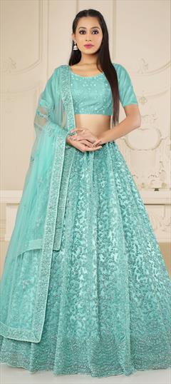 Bridal, Festive, Party Wear, Wedding Green color Lehenga in Net fabric with Flared Embroidered, Resham, Sequence, Thread, Zari work : 1918057