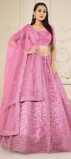 Bridal, Festive, Party Wear, Wedding Pink and Majenta color Lehenga in Net fabric with Flared Embroidered, Resham, Sequence, Thread, Zari work : 1918058