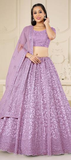 Bridal, Festive, Party Wear, Wedding Purple and Violet color Lehenga in Net fabric with Flared Embroidered, Resham, Sequence, Thread, Zari work : 1918062