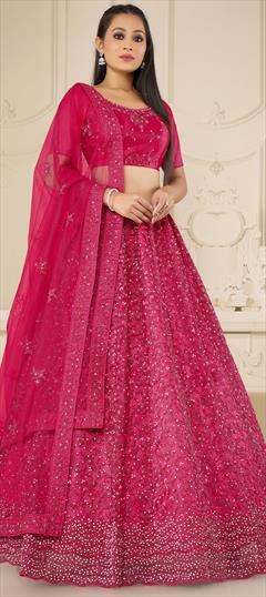 Bridal, Festive, Party Wear, Wedding Pink and Majenta color Lehenga in Net fabric with Flared Embroidered, Resham, Sequence, Thread, Zari work : 1918063