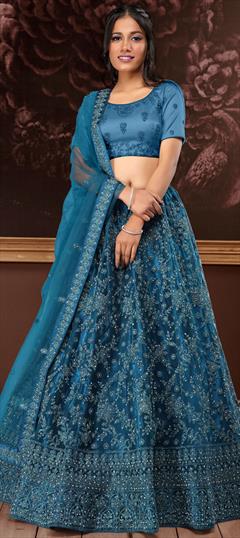 Bridal, Festive, Party Wear, Wedding Blue color Lehenga in Net fabric with Flared Embroidered, Resham, Sequence, Thread, Zari work : 1918084
