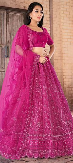 Bridal, Festive, Party Wear, Wedding Pink and Majenta color Lehenga in Net fabric with Flared Embroidered, Resham, Sequence, Thread, Zari work : 1918165