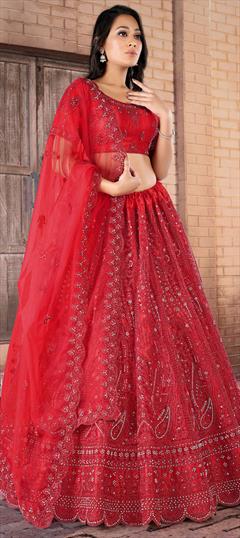 Bridal, Festive, Party Wear, Wedding Red and Maroon color Lehenga in Net fabric with Flared Embroidered, Resham, Sequence, Thread, Zari work : 1918166