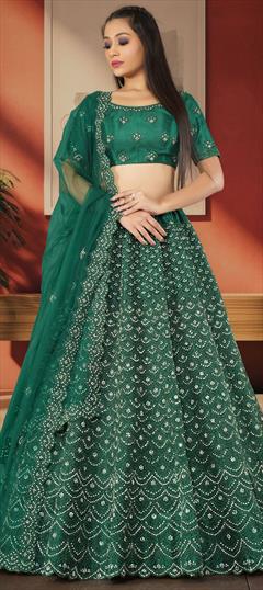 Bridal, Festive, Party Wear, Wedding Green color Lehenga in Net fabric with Flared Embroidered, Resham, Sequence, Thread, Zari work : 1918167