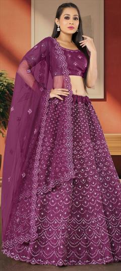 Bridal, Festive, Party Wear, Wedding Purple and Violet color Lehenga in Net fabric with Flared Embroidered, Resham, Sequence, Thread, Zari work : 1918173