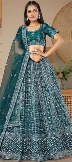 Bridal, Festive, Party Wear, Wedding Blue color Lehenga in Net fabric with Flared Embroidered, Resham, Sequence, Thread, Zari work : 1918185