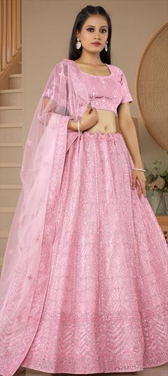 Bridal, Festive, Party Wear, Wedding Pink and Majenta color Lehenga in Net fabric with Flared Embroidered, Resham, Sequence, Thread, Zari work : 1918188