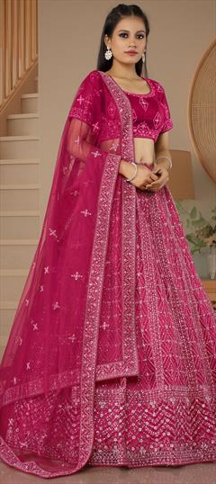 Bridal, Festive, Party Wear, Wedding Pink and Majenta color Lehenga in Net fabric with Flared Embroidered, Resham, Sequence, Thread, Zari work : 1918189