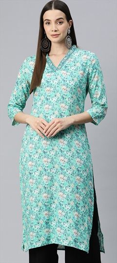 Casual, Summer Blue color Kurti in Rayon fabric with Long Sleeve, Straight Floral, Printed, Resham, Thread work : 1918250