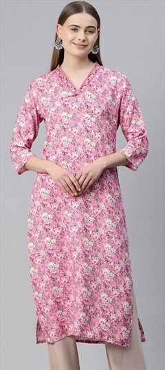 Casual, Summer Pink and Majenta color Kurti in Rayon fabric with Long Sleeve, Straight Floral, Printed, Resham, Thread work : 1918251
