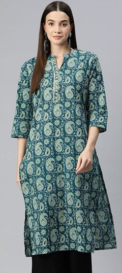 Casual, Summer Green color Kurti in Cotton fabric with Long Sleeve, Straight Printed, Resham, Thread work : 1918252