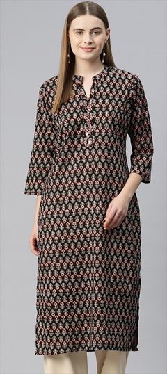 Casual, Summer Black and Grey color Kurti in Cotton fabric with Long Sleeve, Straight Floral, Printed work : 1918253