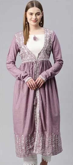 Festive, Summer Purple and Violet color Kurti in Cotton fabric with Anarkali Embroidered, Resham, Thread, Zari work : 1918255