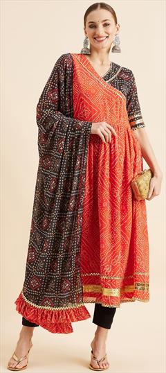 Casual, Party Wear Orange color Salwar Kameez in Georgette fabric with Anarkali Bandhej, Printed work : 1918262
