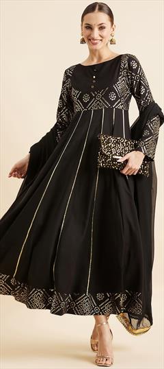 Casual, Party Wear Black and Grey color Kurti in Georgette fabric with Anarkali, Long Sleeve Bandhej, Printed work : 1918265