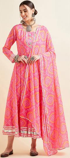 Casual, Party Wear Pink and Majenta color Kurti in Georgette fabric with Anarkali, Long Sleeve Bandhej, Printed work : 1918266