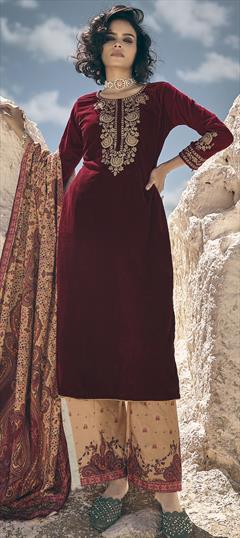 Festive, Party Wear Red and Maroon color Salwar Kameez in Velvet fabric with Palazzo, Straight Embroidered, Printed, Thread work : 1918303