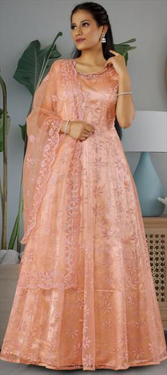 Festive, Party Wear Pink and Majenta color Gown in Net fabric with Bugle Beads, Embroidered, Resham work : 1918365