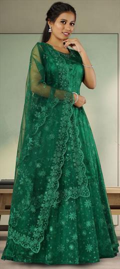 Festive, Party Wear Green color Gown in Net fabric with Bugle Beads, Embroidered, Resham, Thread work : 1918368