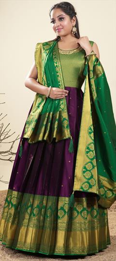 Festive, Party Wear Green, Purple and Violet color Gown in Banarasi Silk fabric with Weaving work : 1918383