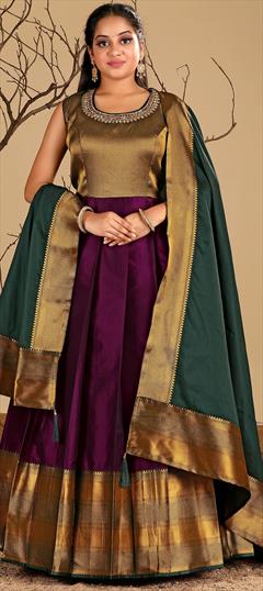 Festive, Party Wear Green, Purple and Violet color Gown in Banarasi Silk fabric with Weaving work : 1918387