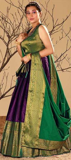 Festive, Party Wear Green, Purple and Violet color Gown in Banarasi Silk fabric with Weaving work : 1918403