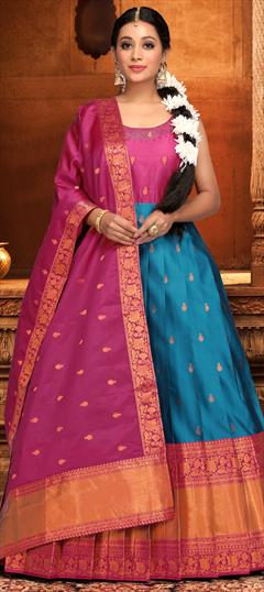 Festive, Party Wear Blue, Pink and Majenta color Gown in Banarasi Silk fabric with Weaving work : 1918450