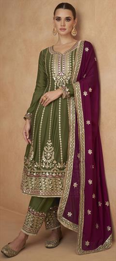 Festive, Reception, Wedding Green color Salwar Kameez in Silk fabric with Anarkali Embroidered, Thread, Zari work : 1918543