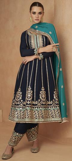 Festive, Reception, Wedding Blue color Salwar Kameez in Silk fabric with Anarkali Embroidered, Thread, Zari work : 1918544