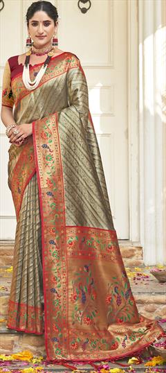 Party Wear, Traditional, Wedding Black and Grey color Saree in Silk fabric with South Printed, Weaving work : 1918597